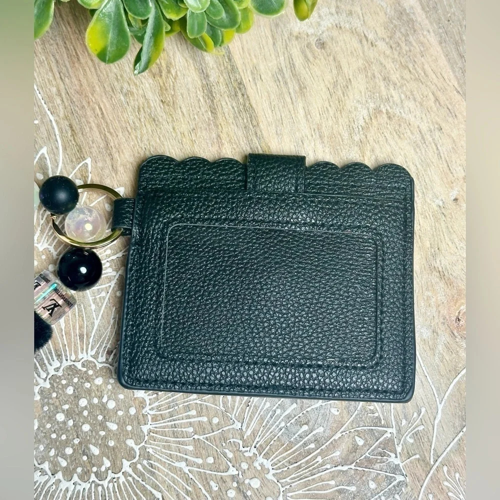 Card Holder Wristlet with Handmade Beaded Keychain in Black